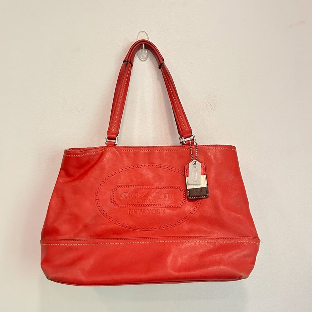 Coach Hampton Perforated & Embossed Leather Tote Handbag Red
